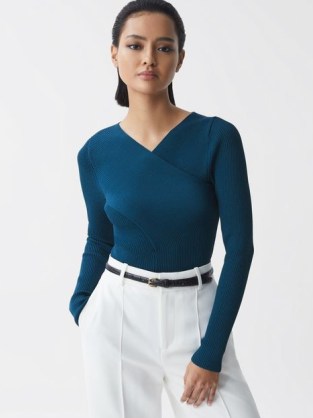 REISS HEIDI KNITTED WRAP LONG SLEEVE TOP TEAL ~ contemporary blue-green V-neck tops - flipped