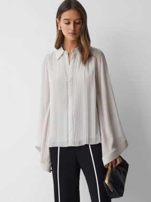 REISS MAGDA PLEATED FLARED SLEEVE BLOUSE NUDE ~ wide sleeved collared blouses ~ chic tops - flipped