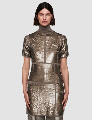 JOSEPH Sequins Knit Dress in Spark ~ luxury metallic short sleeve high neck evening dresses ~ luxe sequinned occasionwear - flipped