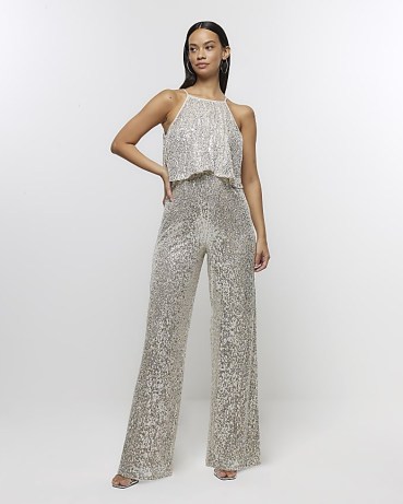 RIVER ISLAND Silver Sequin Layered Jumpsuit ~ women’s seuinned jumpsuits ~ womens glittering party fashion ~ metallic partywear - flipped