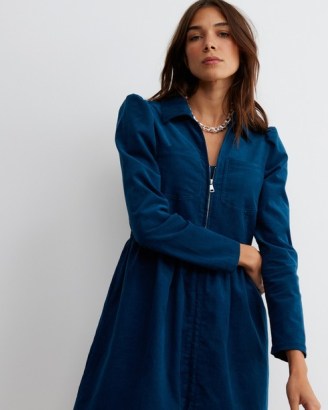 Oliver Bonas Teal Blue Corduroy Mini Shirt Dress – women’s collared puff shoulder dresses – womens cord fashion - flipped