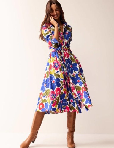 Boden Amy Cotton Midi Shirt Dress Multi, Bloomsbury Pop – multicoloured floral print fashion – collared tie waist dresses - flipped