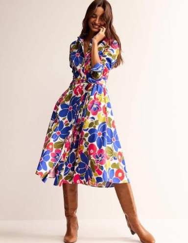 Boden Amy Cotton Midi Shirt Dress Multi, Bloomsbury Pop – multicoloured floral print fashion – collared tie waist dresses