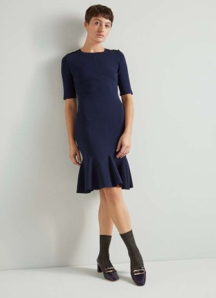 L.K. BENNETT Annmarie Navy Recycled Viscose Rich Dress – women’s dark blue frill hem dresses - flipped