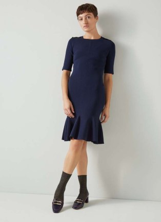L.K. BENNETT Annmarie Navy Recycled Viscose Rich Dress – women’s dark blue frill hem dresses