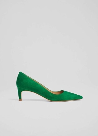 L.K. BENNETT Ava Green Suede Kitten Heel Courts ~ pointed toe court shoes - flipped