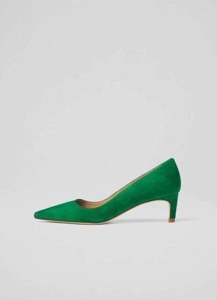 L.K. BENNETT Ava Green Suede Kitten Heel Courts ~ pointed toe court shoes