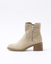 RIVER ISLAND Beige Cut Out Heeled Ankle Boots ~ block heel cutout detail faux leather boot ~ double side zip details