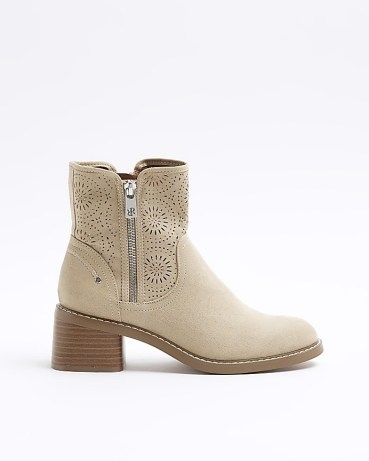 RIVER ISLAND Beige Cut Out Heeled Ankle Boots ~ block heel cutout detail faux leather boot ~ double side zip details - flipped