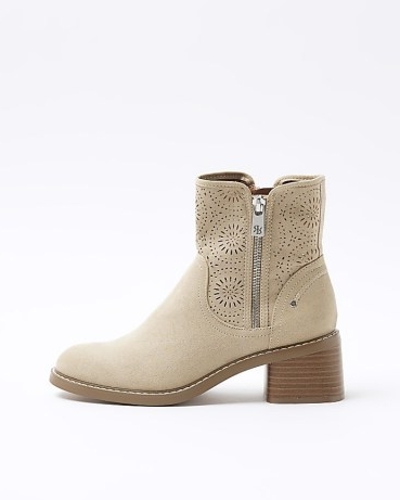 RIVER ISLAND Beige Cut Out Heeled Ankle Boots ~ block heel cutout detail faux leather boot ~ double side zip details