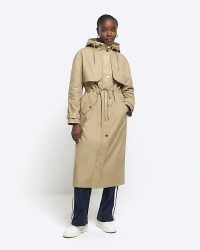 RIVER ISLAND Beige Hooded Parka Jacket ~ women’s longline jackets ~ drawstring waist parkas