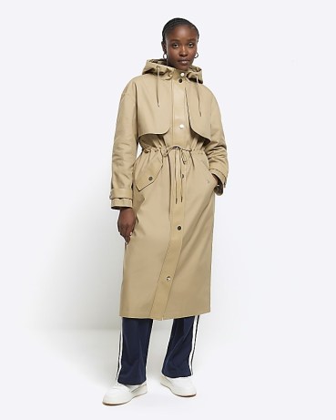 RIVER ISLAND Beige Hooded Parka Jacket ~ women’s longline jackets ~ drawstring waist parkas