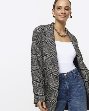 RIVER ISLAND Black Check Rolled Sleeve Blazer ~ women’s checked blazers ~ womens longline single breasted jackets - flipped