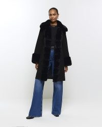 River Island Black Faux Fur Trim Coat – women’s glamorous on-trend winter coats
