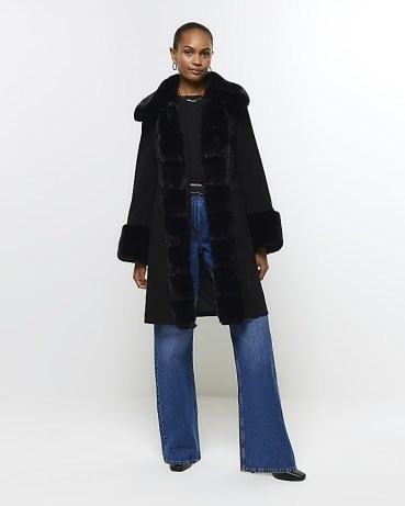 River Island Black Faux Fur Trim Coat – women’s glamorous on-trend winter coats - flipped