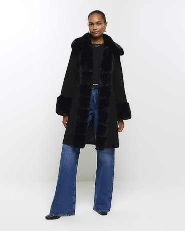 River Island Black Faux Fur Trim Coat – women’s glamorous on-trend winter coats