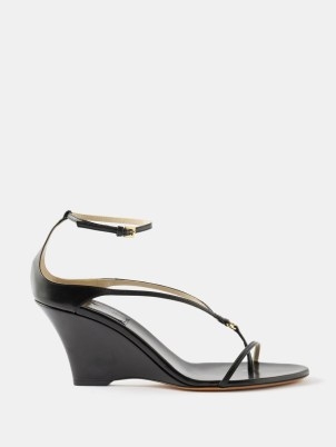KHAITE Marion 75 black leather wedge sandals | chic strappy wedges - flipped