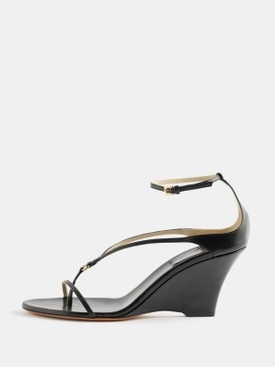 KHAITE Marion 75 black leather wedge sandals | chic strappy wedges