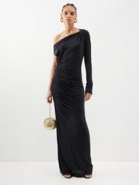 GAUGE81 Myrtia off-the-shoulder jersey gown in black – ruched asymmetric gowns – asymmetrical maxi dresses – glamorous evening occasion fashion – party glamour