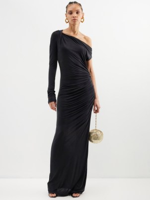 GAUGE81 Myrtia off-the-shoulder jersey gown in black – ruched asymmetric gowns – asymmetrical maxi dresses – glamorous evening occasion fashion – party glamour - flipped