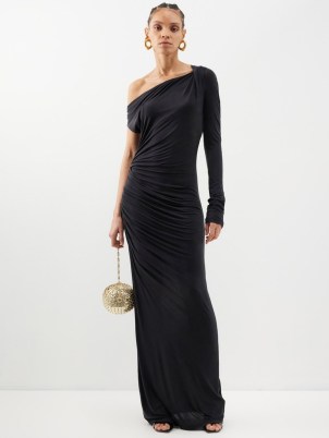GAUGE81 Myrtia off-the-shoulder jersey gown in black – ruched asymmetric gowns – asymmetrical maxi dresses – glamorous evening occasion fashion – party glamour