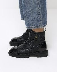 RIVER ISLAND Black Quilted Lace Up Boots – women’s patent panel boot