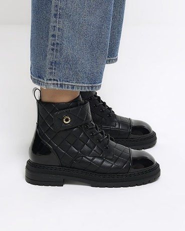 RIVER ISLAND Black Quilted Lace Up Boots – women’s patent panel boot - flipped