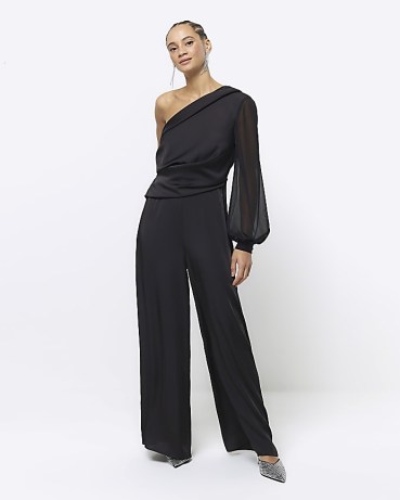 River Island Black Satin One Shoulder Wide Leg Jumpsuit | women’s asymmetric one sleeve jumpsuits | womens all in one party fashion - flipped