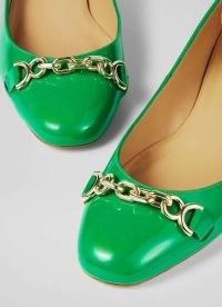 L.K. BENNETT Blakely Green Patent Snaffle Pumps ~ chic front chain detail low 30mm block heel shoes