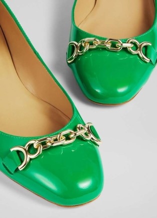L.K. BENNETT Blakely Green Patent Snaffle Pumps ~ chic front chain detail low 30mm block heel shoes - flipped