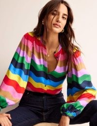 Boden Blouson Sleeve Blouse in Multi, Rainbow Wave – women’s multicoloured balloon sleeve blouses – bohemian style tops