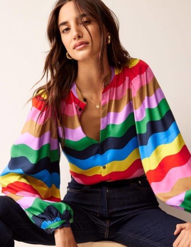 Boden Blouson Sleeve Blouse in Multi, Rainbow Wave – women’s multicoloured balloon sleeve blouses – bohemian style tops - flipped