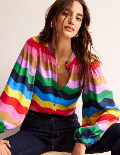 Boden Blouson Sleeve Blouse in Multi, Rainbow Wave – women’s multicoloured balloon sleeve blouses – bohemian style tops