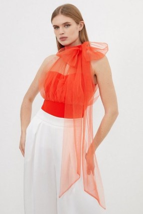 KAREN MILLEN Bow Neck Tulle And Ponte Jersey Bodysuit in Orange / fitted semi sheer occasion tops / women’s party fashion