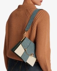 STRATHBERRY BOX CRESCENT BAG in Leather/Suede Duck Egg Blue/Diamond/Bottle Green – chic colour block handbag – square shaped bags