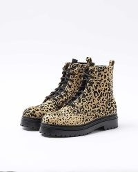 RIVER ISLAND Brown Animal Print Lace Up Boots – women’s printed combat style boot