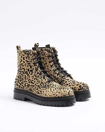 RIVER ISLAND Brown Animal Print Lace Up Boots – women’s printed combat style boot - flipped