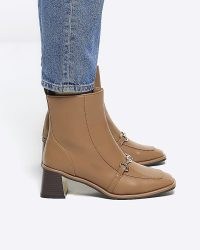 RIVER ISLAND Brown Chain Block Heel Ankle Boots ~ women’s chunky heeled square toe boot ~ womens retro style footwear