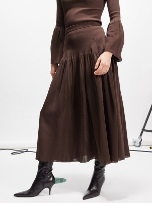Altuzarra Cushing drop-waist ribbed-knit midi skirt in brown ~ skirts with movement - flipped