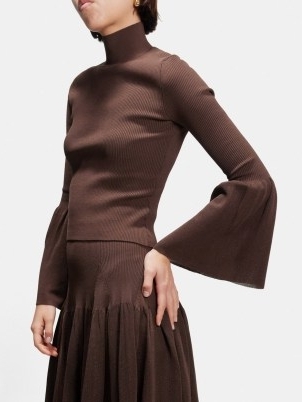Altuzarra Dana brown flared-sleeve ribbed-knit top ~ high neck tops with long fluted sleeves - flipped