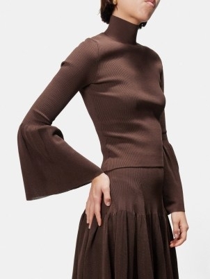 Altuzarra Dana brown flared-sleeve ribbed-knit top ~ high neck tops with long fluted sleeves
