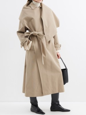 THE ROW Hellen belted cotton-blend trench coat in taupe-brown | womens contemporary scarf detail coats - flipped