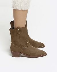 RIVER ISLAND Brown Studded Western Ankle Boots ~ stud detail cowboy footwear