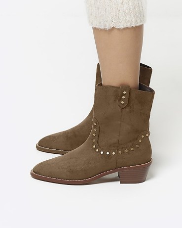 RIVER ISLAND Brown Studded Western Ankle Boots ~ stud detail cowboy footwear - flipped