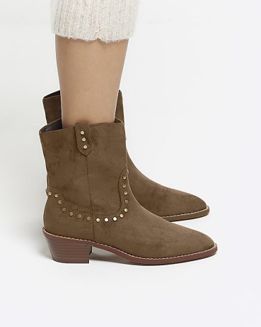 RIVER ISLAND Brown Studded Western Ankle Boots ~ stud detail cowboy ...