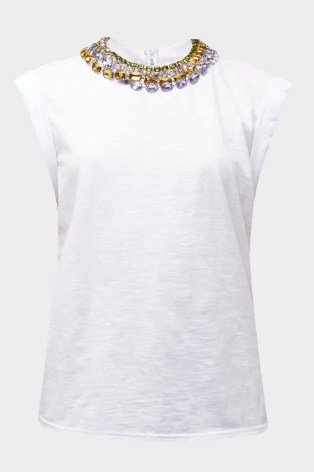 Chunky Rhinestone Embellished Tee in White Multi / women’s glamorous T-shirt / womens T-shirts with coloured rhinestones at the neckline / casual glamour / designer clothing at shop-olivia - flipped