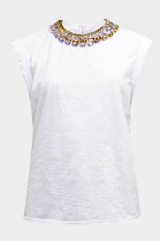 Chunky Rhinestone Embellished Tee in White Multi / women’s glamorous T-shirt / womens T-shirts with coloured rhinestones at the neckline / casual glamour / designer clothing at shop-olivia