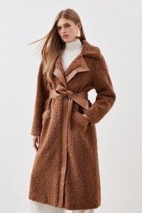 KAREN MILLEN Collared Faux Fur Belted Coat in Toffee – women’s brown fake shearling coats