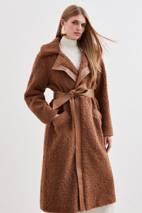 KAREN MILLEN Collared Faux Fur Belted Coat in Toffee – women’s brown fake shearling coats - flipped