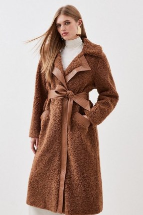 KAREN MILLEN Collared Faux Fur Belted Coat in Toffee – women’s brown fake shearling coats